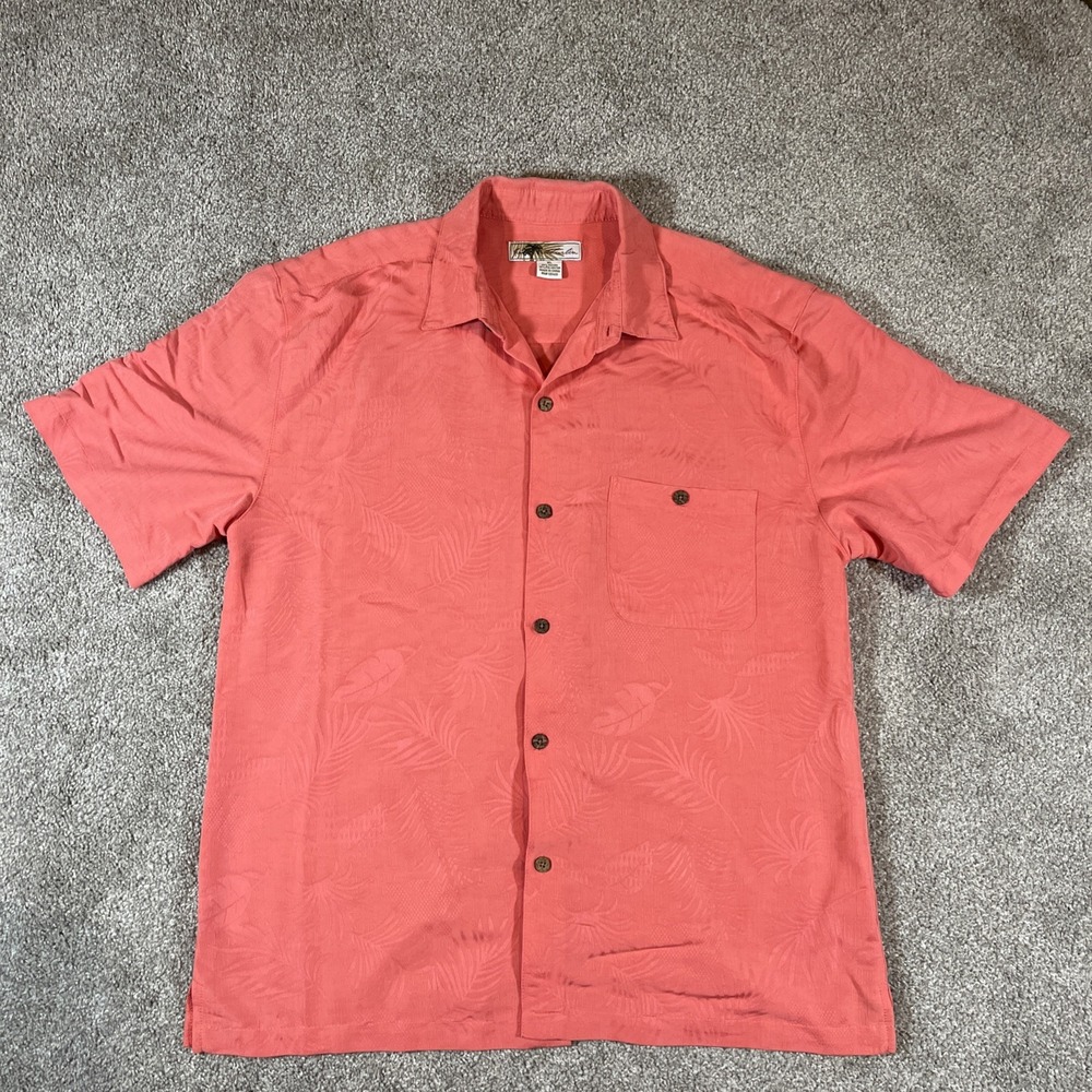 Joe Marlin Hawaiian Shirt‎ XL Pink Palm Leaves Design Coconut Buttons